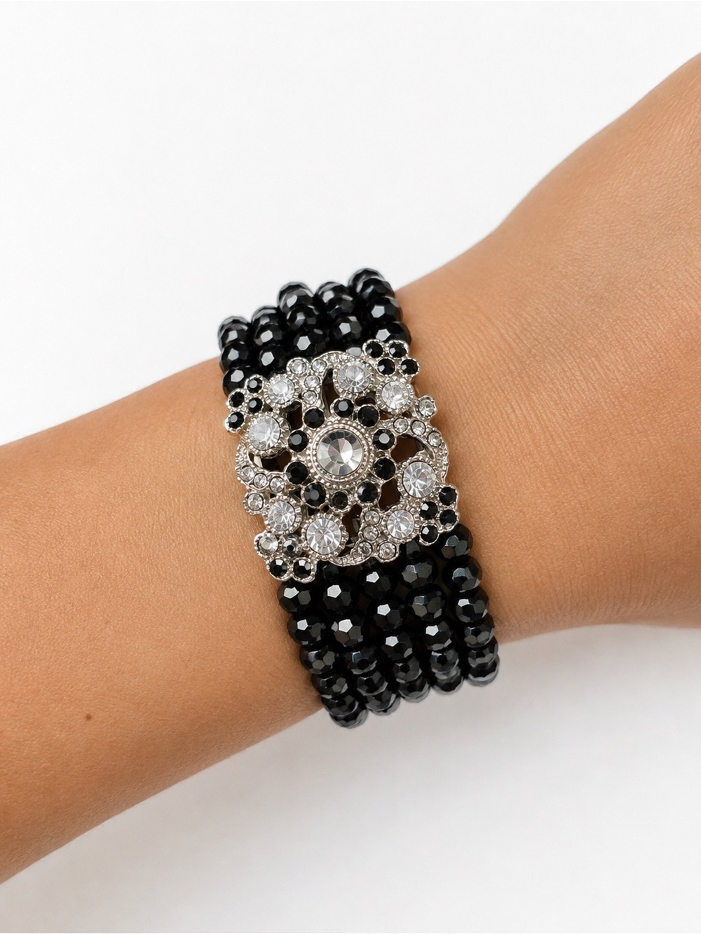 Crystal Floral Statement Stretch Bracelet - Black